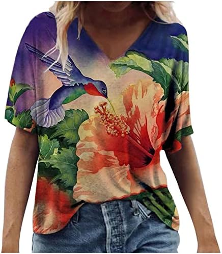Kadın moda rahat artı boyutu doğal çiçekler gevşek Fit gömlek baskı V yaka T-Shirt Tops