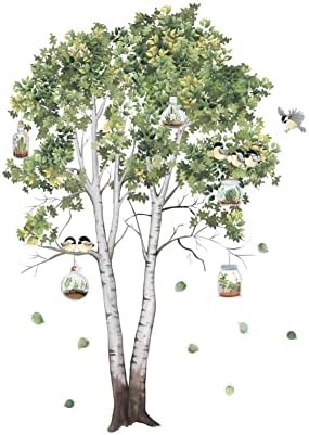Yeşil Ağaç Duvar Çıkartmaları, Bitkiler Kabuğu ve Sopa Güzel Kuş Taze Huş Ağacı Duvar Dekoratif duvar çıkartmaları Çıkartmaları