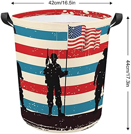 Amerikan Asker Ve Amerikan Bayrağı Çamaşır Torbası Kolları İle Yuvarlak Sepet Su Geçirmez Depolama Sepeti Katlanabilir 16. 5x17.
