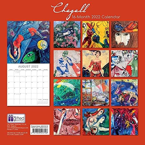 2022 Kare Duvar Takvimi-Chagall, 12 x 12 İnç Aylık Görünüm, 16 Aylık, Sanat ve Antika Teması, 180 Hatırlatma Çıkartması İçerir