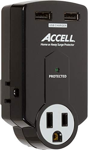 Accell Güç Seyahat Dalgalanma Koruyucusu-3 Çıkış, 2 USB Şarj Portu (2.1 A Çıkış), Katlanır Fiş-Siyah, 612 Joule, ETL Listelenmiştir