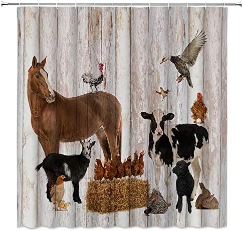 Çiftlik Hayvan Duş Perdeleri Çiftlik Kümes Inek ve At Hayvanlar Vintage Ahşap Kurulu Retro Banyo Set Polyester Kumaş Perde 70x70