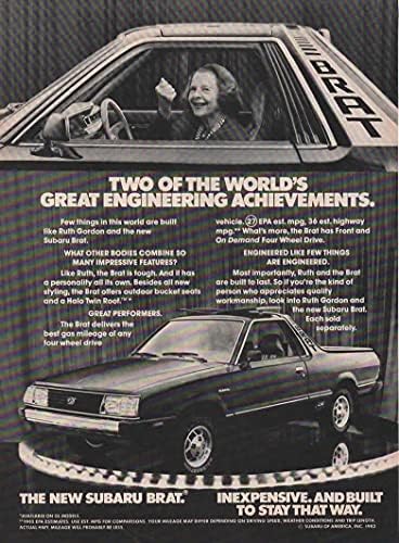 3 Orijinal Dergi Basılı Reklam Seti: 1982-1983 Subaru Brat, Amerikalı aktris Ruth Gordon, Talep Üzerine Dört Tekerlekten Çekiş.