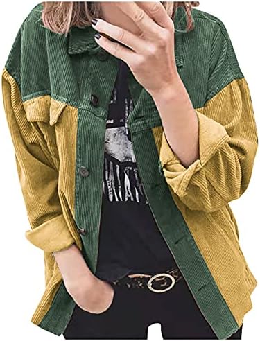 Shacket Ceket Kadın Kadife Uzun Kollu Gömlek Renk Blok Dikiş Düğme Aşağı Yaka Boy Hırka Tunik Tops