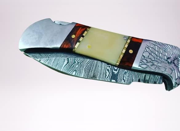 Şam El Yapımı Kartal Cep Bıçak | Şam Çelik bıçak / Demascus katlanır bıçak ahşap ve kemik kolu ile Avcılık ve Kamp için deri