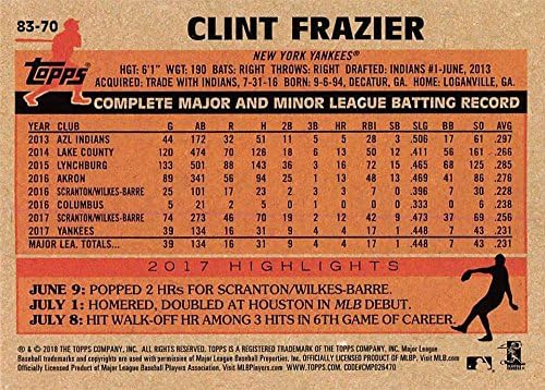 2018 Topps 1983 Topps Mavi 83-70 Clint Frazier New York Yankees Resmi MLB Beyzbol Ticaret Kartı Ham (NM veya Daha İyi) Durumda