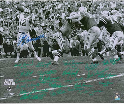1969 New York Jets İmzalı 20 x 24 Super Bowl III Joe Namath B&W Metalik Fotoğraf Atma-24 İmza: Mavi renkte Namath, Yeşil renkte