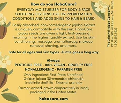 HobaCare Jojoba Özü, 4.2 oz. (125 mL) - Yüz, Vücut ve Saç için Saf Jojoba – Tüm Cilt Tipleri için Uygundur - %100 Saf Soğuk Preslenmiş