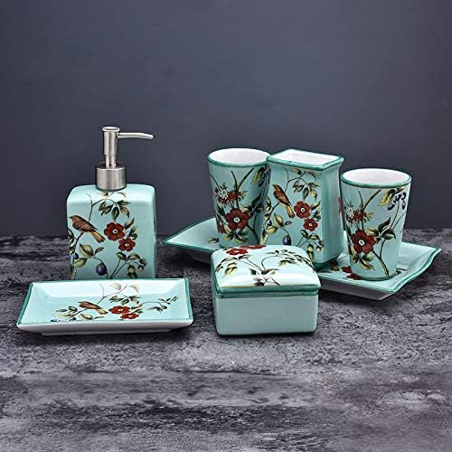Vintage Seramik Banyo Aksesuarları Setleri, 6 Parça Boyalı Kırmızı Çiçek Kuş Gökyüzü Mavi Banyo Seti Vanity Dekor İhtiva Kare