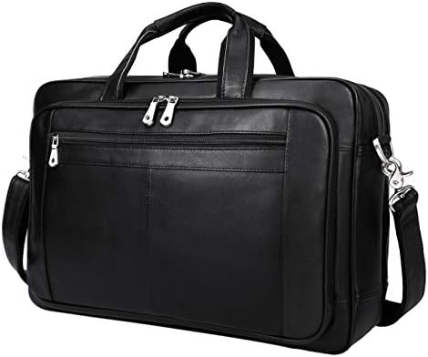 Augus Erkek Deri Evrak Çantası askılı çanta Su Geçirmez Seyahat Iş silindir çanta Erkekler ıçin 17 Inç Laptop çantası Siyah YKK