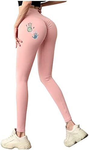 LAOSONG kadın Handprint Baskı Şeftali-Kalça Yoga Tayt, Yüksek Bel Streç Joggers Yoga Pantolon Egzersiz Dikişsiz Tayt