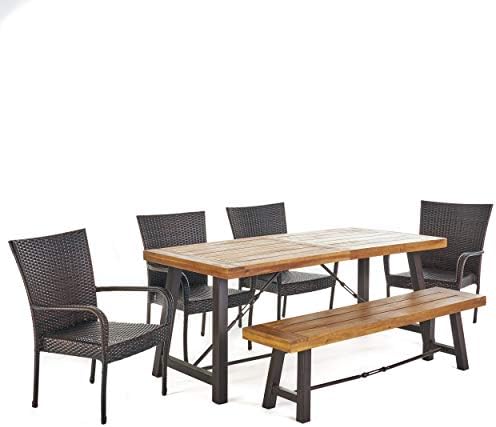 Christopher Şövalye Ev Salla Açık Akasya Ahşap yemek seti ile Hasır İstifleme Sandalyeler, 6-Pcs Set, Tik Bitirmek / Rustik Metal