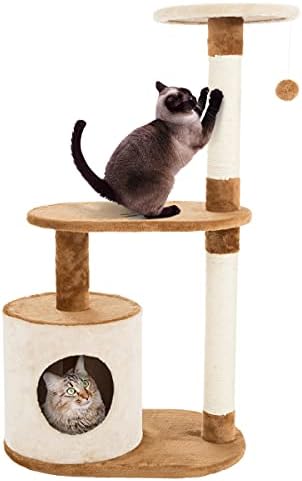 3 Katmanlı Kedi Kulesi - 2 Uyuklayan Levrek, Kedi Kınamak, 2 Sisal Halat Tırmalama Direkleri ve Asılı Oyuncak – PETMAKER tarafından