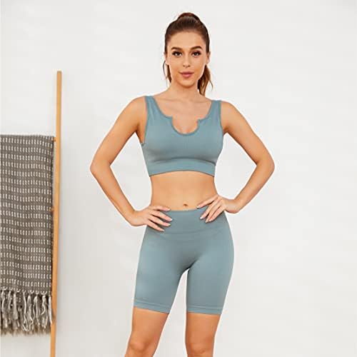 Kadın 2 Parça Egzersiz Setleri Nervürlü Kırpma Tankı Spor Sutyen Ve Tayt Set Yüksek Bel Şort Yoga Kıyafetler