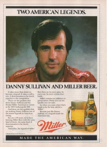2 Orijinal Dergi Basılı Reklam Seti: 1985-1986 Miller Beer, Indy 500 Kazanan Danny Sullivan Penske Racing/Miller American, İki