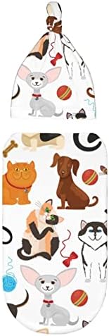 LARSD Kundak Battaniye ile Bere Şapka Seti, köpekler Sevimli Kediler Yenidoğan Alma Battaniye Kafa Bandı Bebek Uyku Çuval Uyku