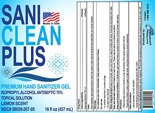 Sani Clean Plus (Case of 4) ABD Yapımı Limon Kokulu El Dezenfektanı Jeli 16 fl'de %70 Alkol.oz. Pompalı Şişeler