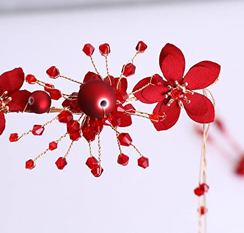 Çin Tarzı Kırmızı Saç Bandı Küpe Püskül Kız Çiçek Saç Aksesuarları Gelin Düğün Simüle İnci Takı Setleri