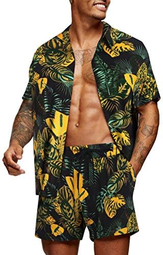 COOFANDY erkek Çiçek Gömlek Hawaii Setleri Casual Düğme Aşağı Kısa Kollu Gömlek