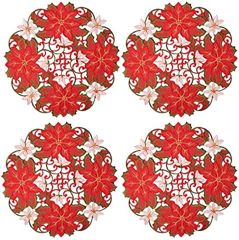 Simhomsen Işlemeli Noel Hoilidays Masa Doilies Yuvarlak Kırmızı Poinsettia Placemats Centerpieces (Yuvarlak 16 4 ADET)