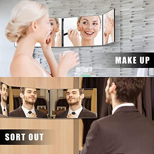 OLİBUY Saç Kesme için 3 Yollu Ayna, Tıraş Makinesi ve Makyaj için Üç Katlı Ayna, Yüksekliği Ayarlanabilir İki Tutma Tırnağı ile