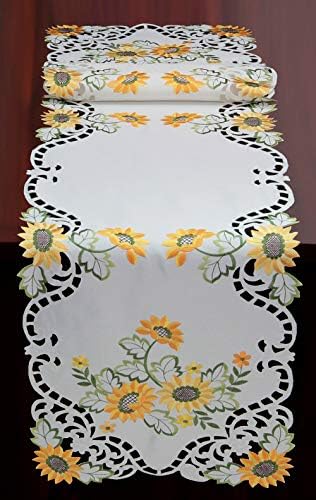 Yaratıcı Çarşafları Ayçiçeği Masa Runner 15x69 İşlemeli Cutwork Dresser Eşarp Beyaz