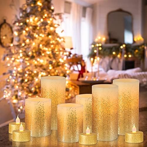 SILVERSTRO Noel Tema Altın Alevsiz Mumlar ile Uzaktan, paketi 8 Altın Altın Glitter Zanaat LED Mumlar, 4 Ayağı Mumlar, ve 4 çay