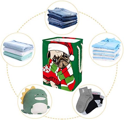 MAPOLO Çamaşır Sepeti Komik Köpek Pug Noel Şapka Katlanabilir Keten Çamaşır Depolama Sepeti Kolları ile Ayrılabilir Parantez
