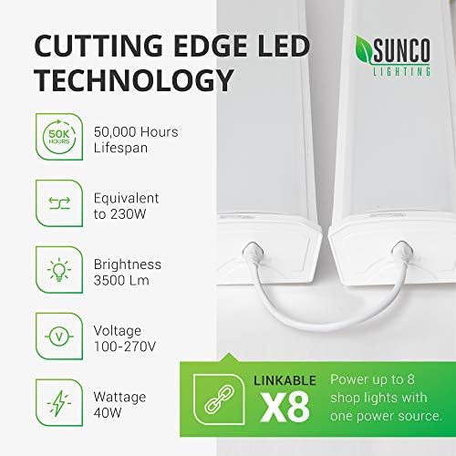Sunco Aydınlatma LED Sarma ışık Fikstürü 4FT, Atölye için Garaj Tavan Işıkları, Bağlanabilir, 300W Eşdeğer 40W, 3500 LM, 5000K