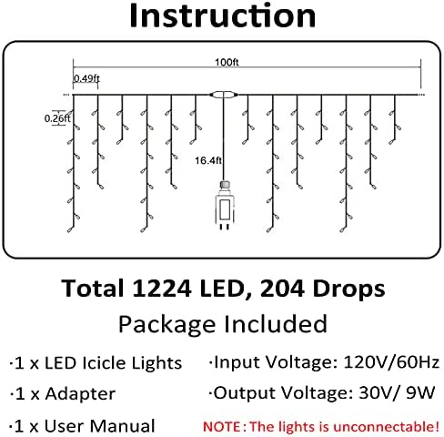 Toodour Icicle noel ışıkları, 100ft 1224 LED 8 modları Icicle dize ışıkları ile 204 damla, pencere perde peri Icicle ışıkları,